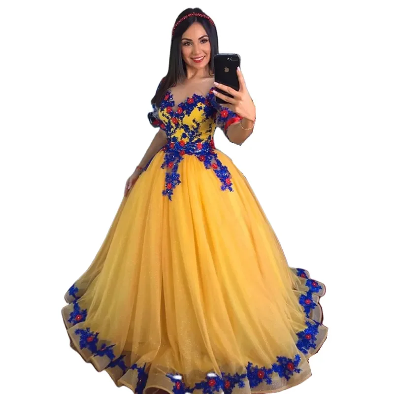 Vestidos de baile de princesa, gola pura, azul royal, apliques de renda, vestido de noite, ouro amarelo, belle, 15 anos