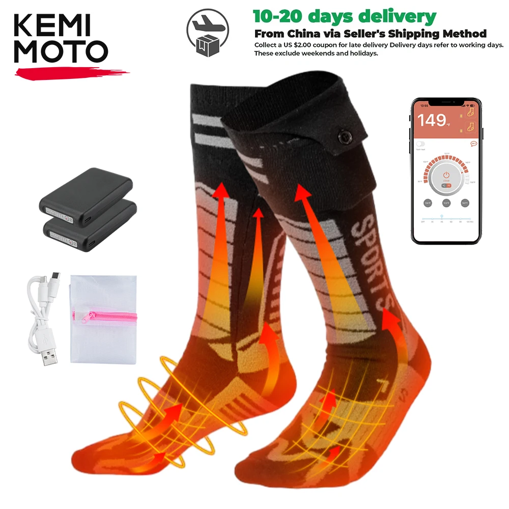 

KEMIMOTO Heated Socks APP Contorl Rechargeable Battery Stocking Thicken Winter Cotton Socks Foot Warmers For Skiing Hunting Moto