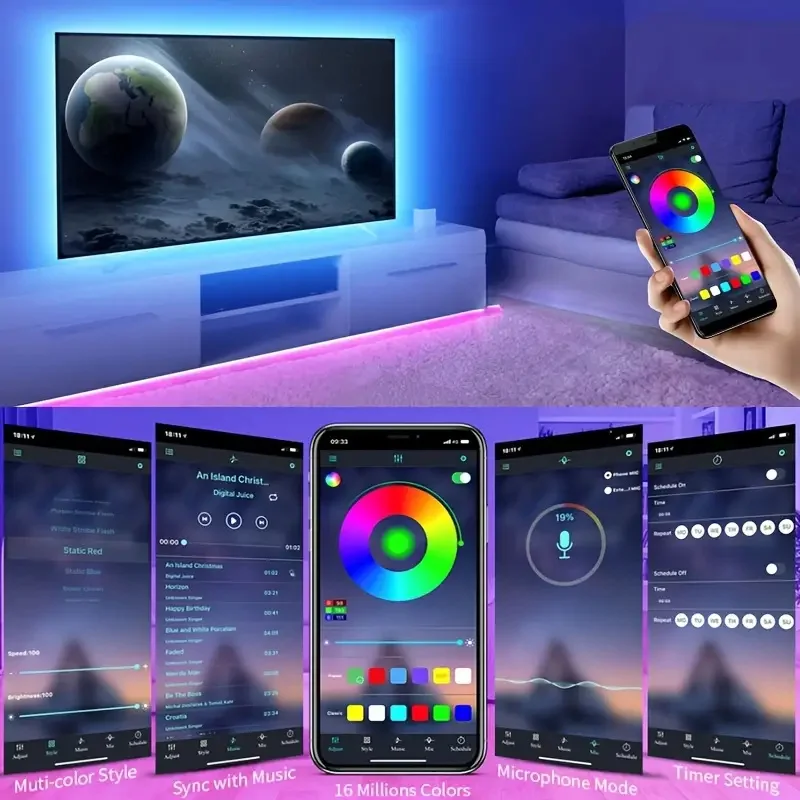 USB 2835 RGB LED Strip with Bluetooth Control Music Sync Dimmable Million Gradient Colors for Bedroom Festival Decor