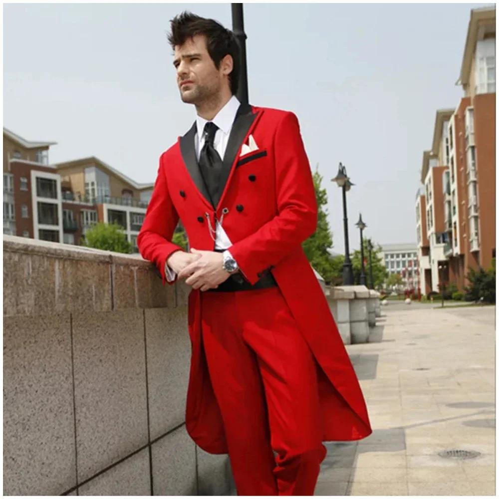 2-piece Red Swallow Men Suits Fashion Slim Fit Black Lapel Blazer Terno Masculino Good Quality Tuxedo Wedding Male Clothing