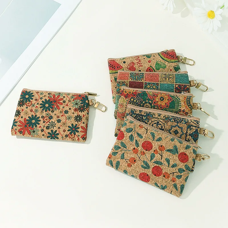 8pcs Coin Purses Cork Leather Watermenlon Geometry Printing Short Wallet With Keychain