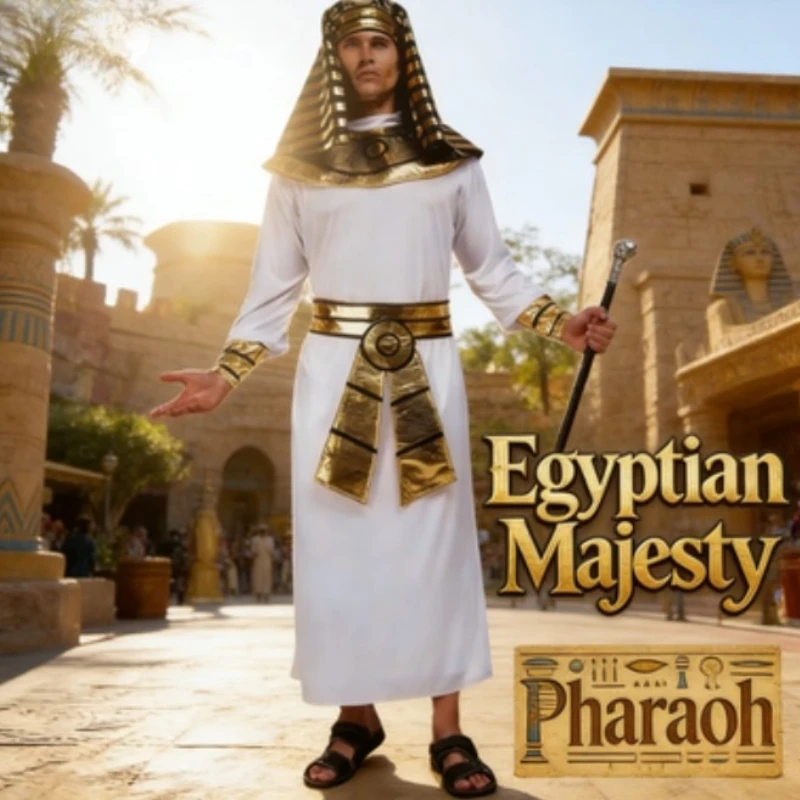 Mens Halloween Ancient Egyptian Pharaoh Outfit, Egyptian King Long Gown Robe, Adult Pharaoh Role Play Costume
