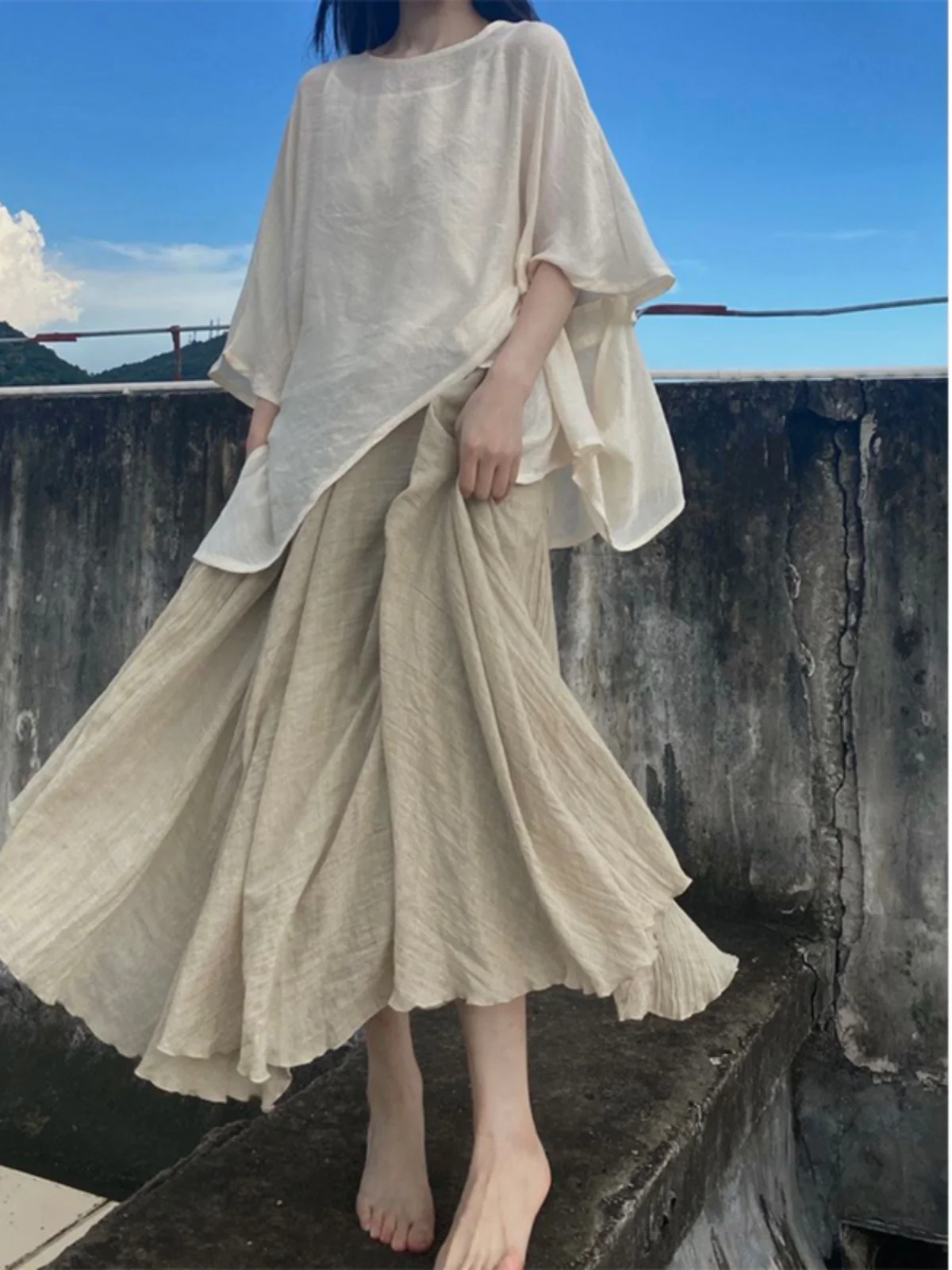 Nieuwe Chinese Sle Katoen Linnen Set vrouwen Onregelmatige ort Sve T-shirt Drifting Grote Swing f Rok Ultra Fairy Tee P...