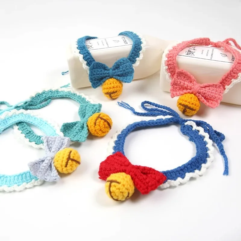 Knitting Pet Collars Cute Bow Bell Shape Knitted Scarf Handmade Dog Cat Collar Crochet Tie Adjustable Necklace Pet Accessories