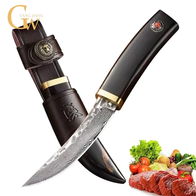 Damascus Steel Knife Kitchen Boning Knife High Hardness Japanese Utility Knife Outdoor Portable Small Machete With Scabbard