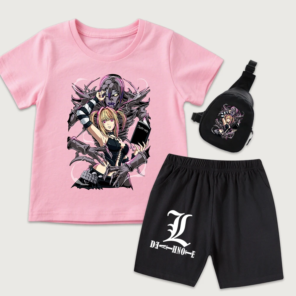 Death Note Misa Graphic Print Kids Short Sleeve T Shirt And Shorts Set With Mini Chest Bag 3 Piece Outfit For Boys Girls Teens