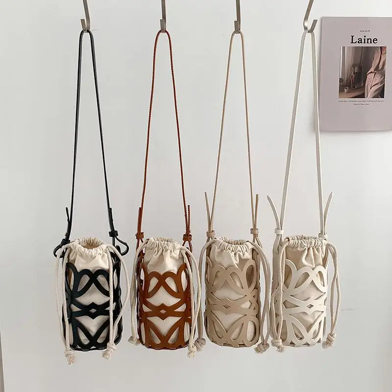 

French Trendy Hollow Drawstring Bucket Bag Female Versatile Canvas Shoulder Bag Fashion Casual Crossbody Bags For Women Gifts