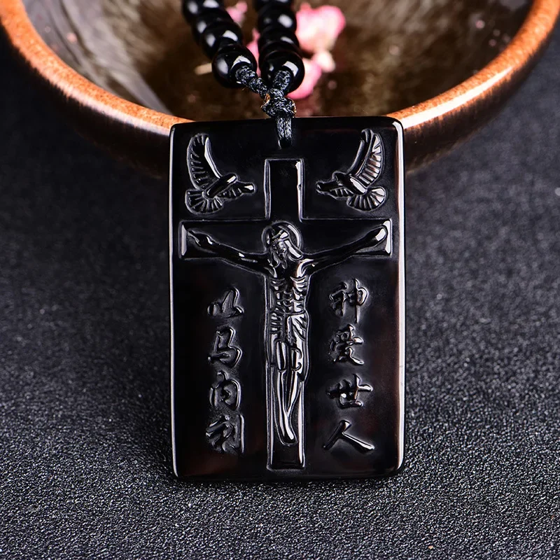 Natural Obsidian Cross Jesus Christ Pendants Jewelry Fine Jewelry Lucky Safety Amulet  Pendant Christmas Jewelry