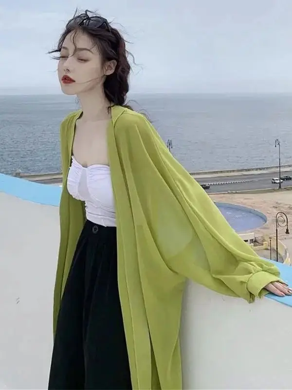 Ultra-Fada Proteção Solar irt Feminino Midi Comprimento Chiffon Cardigan Aberto Estudante Furador Externo Ultrafino Faion Solto S...