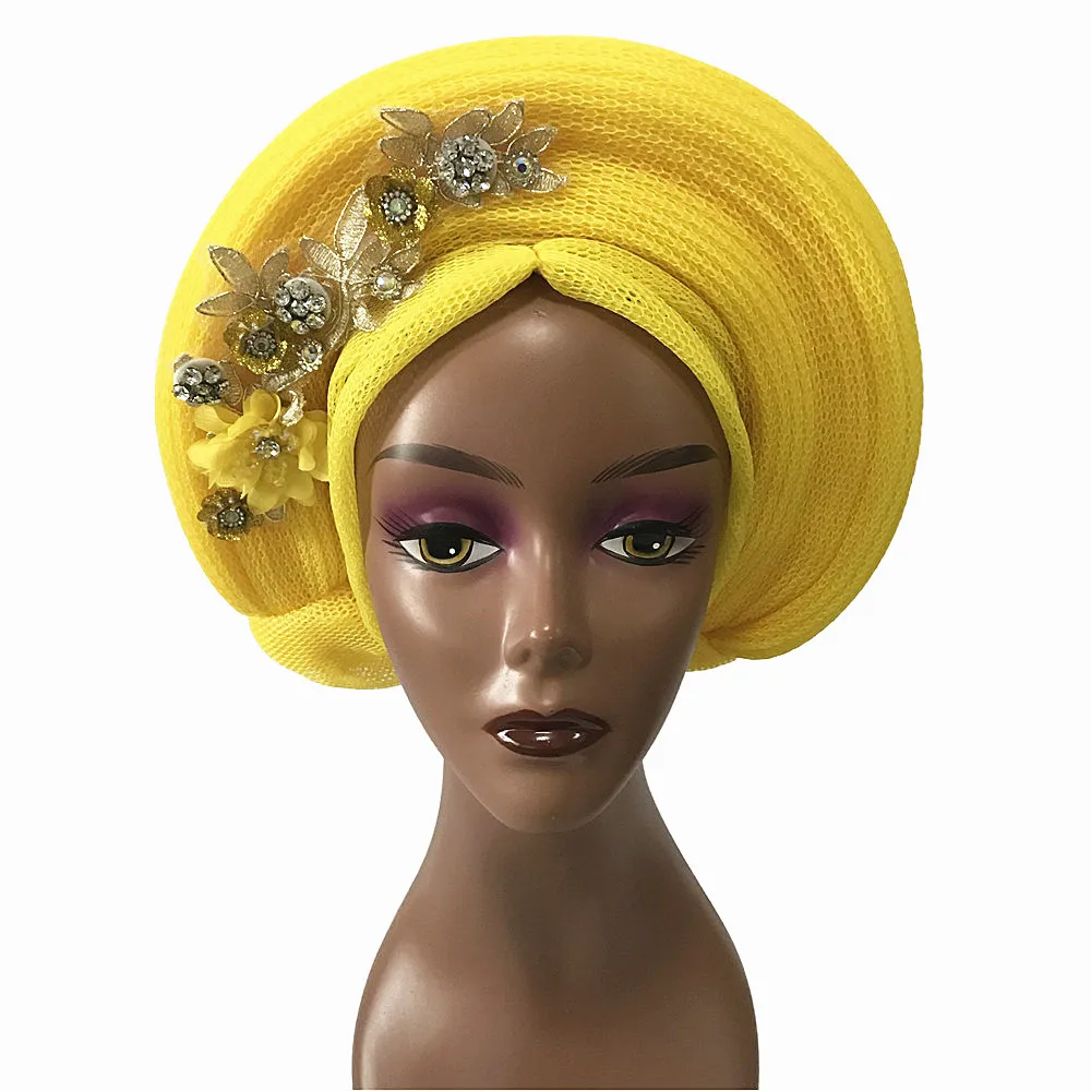 New Style Nigerian Mesh Gele Headtie Aso Oke Gele Already Made Auto Gele Headtie African Turban Cap with Beads D425-2