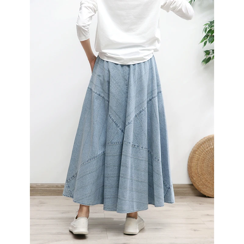 Free Shipping 2023 New Vintage Long Maxi Women Elastic High Waist Autumn Winter Denim Lady Solid Color Skirt With Pockets