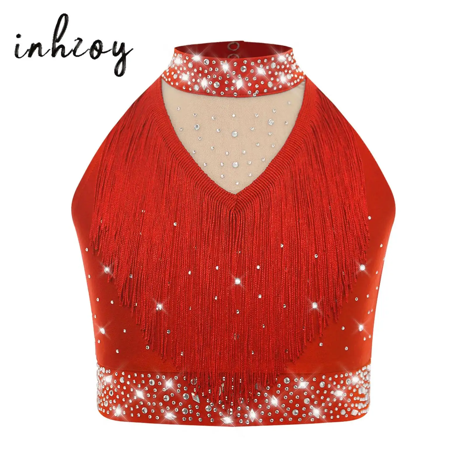 

Kids Girls Sparkly Sequins Dance Tank Tops Stand Collar Sleeveless Fringe Vest Ballet Jazz Latin Dance Performance Dancewear