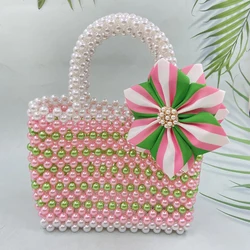 Pink and Green Pearl Small Tote Bag with Ribbon Corsage Flower Brooch