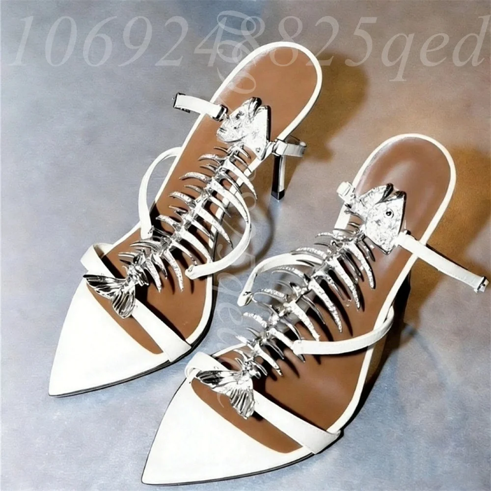 Women's 3D Fishbone Skeleton Decor Pointed Toe High Heel Sandals, Ankle Strap Stiletto Heel Dress Shoes with Unique Metal Detail