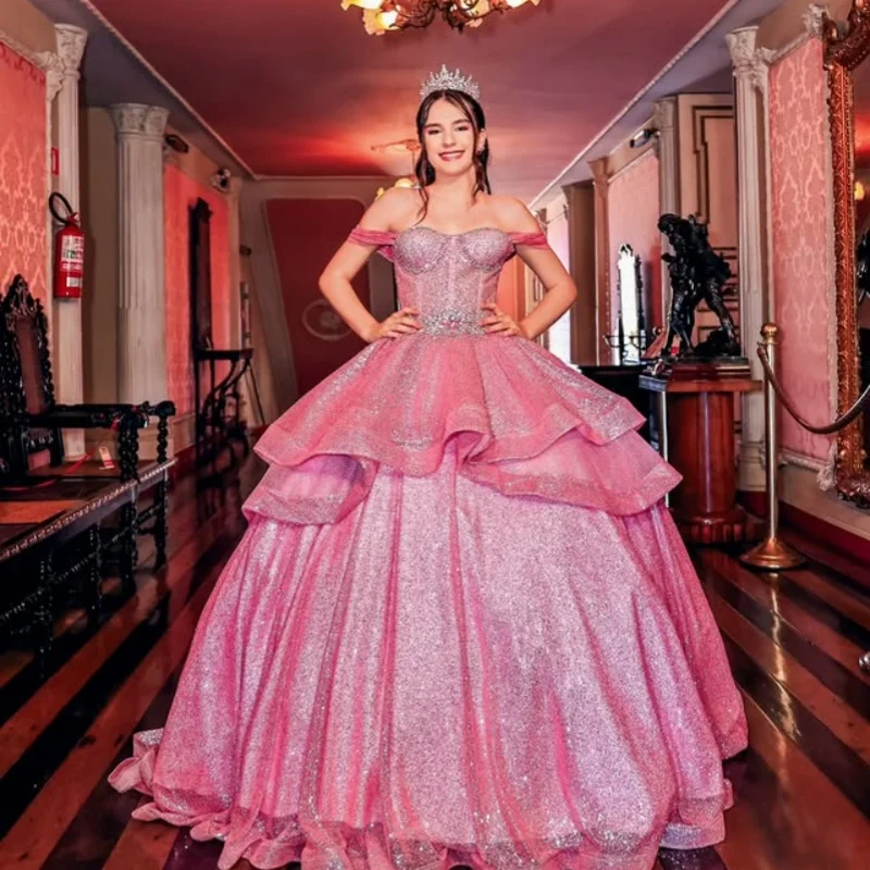 

Shiny Pink Quinceanera Dresses Off the Shoulder Glitter Layering Decal Long tail Vestido 15 Quinceanera Customized