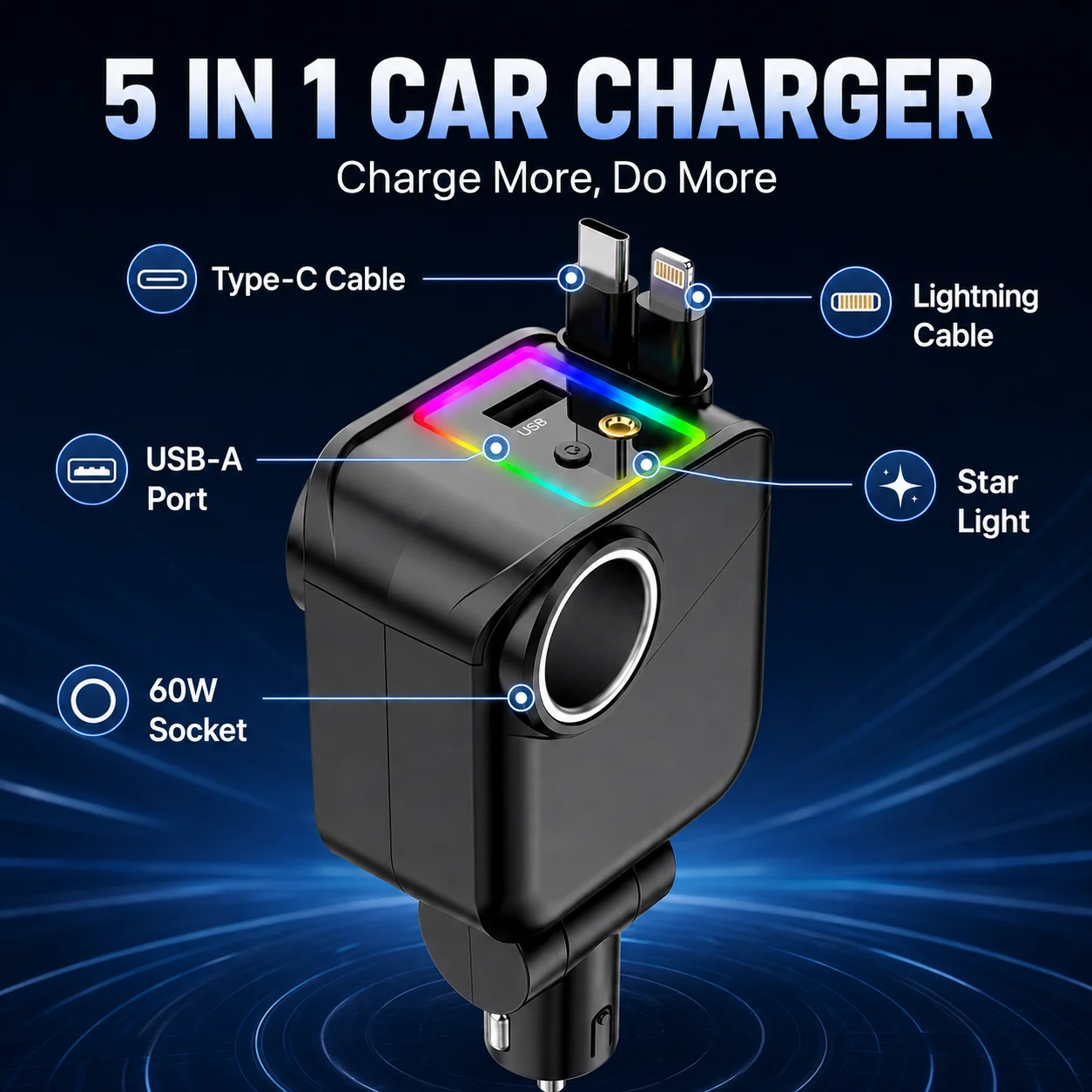 120W 5 in 1 Car Charger Dual Retractable Cable USB Fast Charger RGB Ambient Light Cigarette Lighter Adapter 12V 24V
