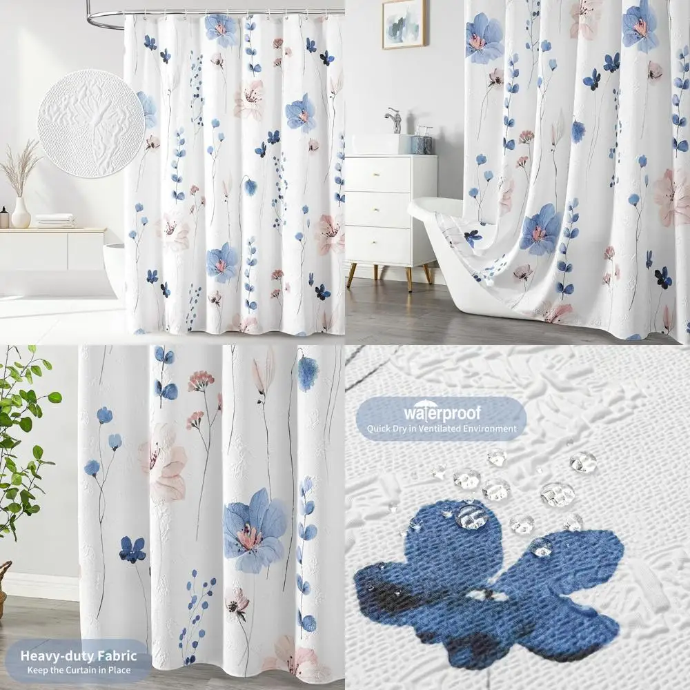 

Занавеска для душа с акварельным цветочным принтом, 3d тисненые бабочки, сине-розовый цветок, занавеска для ванной комнаты, минималистичная белая тканевая занавеска для ванны