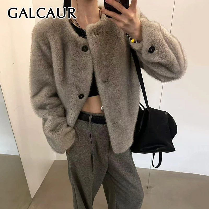 GALCAUR Fashion Slim Fur Coats For Women V Neck Long Sleeve Temperament Luxury Solid Cardigan Outwear Female Clothing New Style