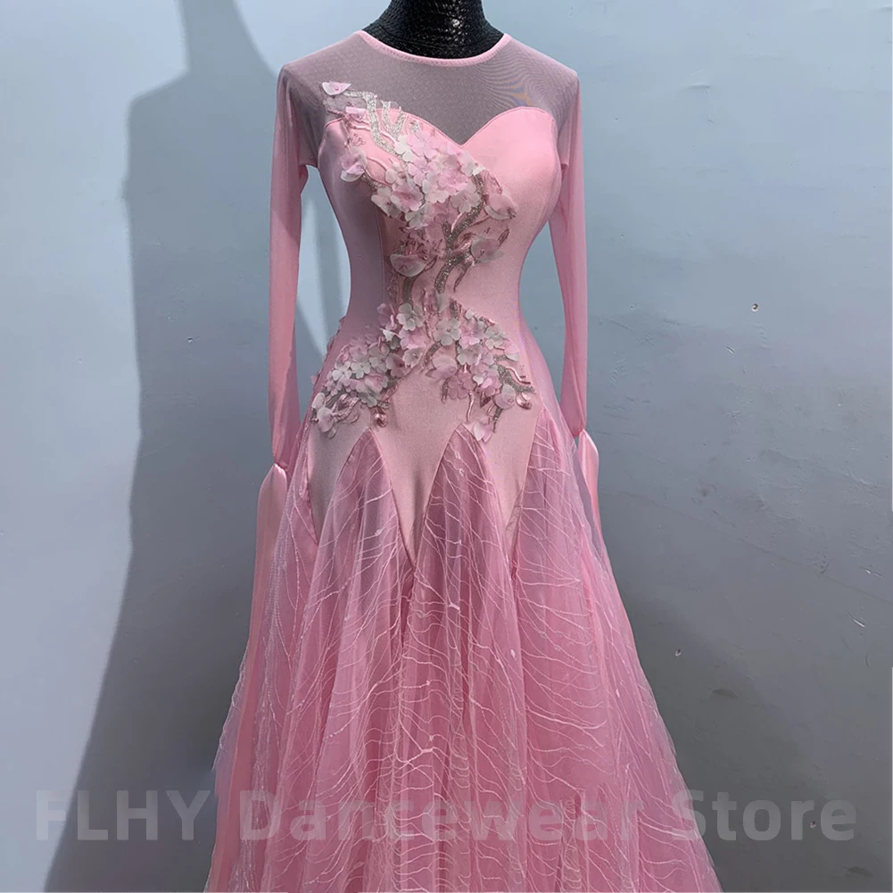 Modern Dress Practice Dress dress Mesh Long Sleeve Large Swing Dress Embroidered Pink Elegant Women's Social Dance Costume