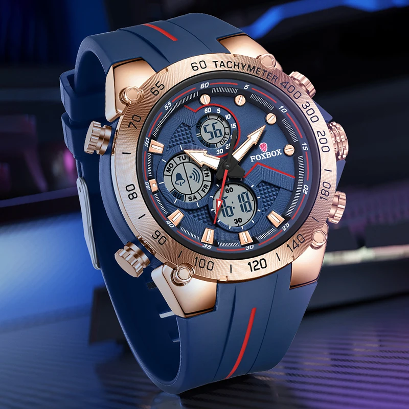 LIGE FOXBOX Fashion Outdoor Electronic Man Watch Silicone Strap Waterproof Luminous Week Display Date Alarm Quartz Digital Watch