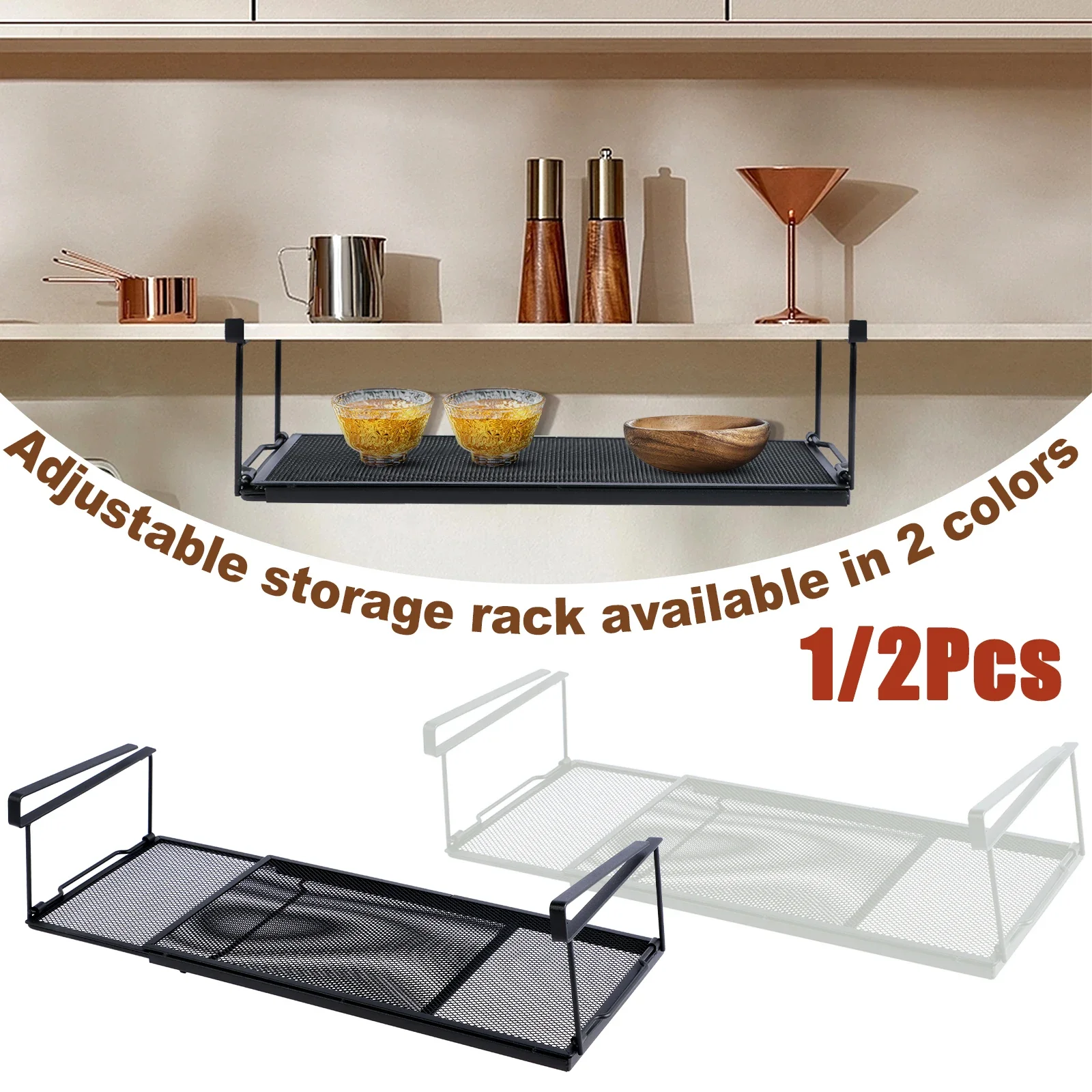 

1/2Pcs Hanging Under Cabinet Shelf Extendable Under Shelf Storage Basket Metal Shelves Spice Dishes Storage Pantry Kitchen Tools