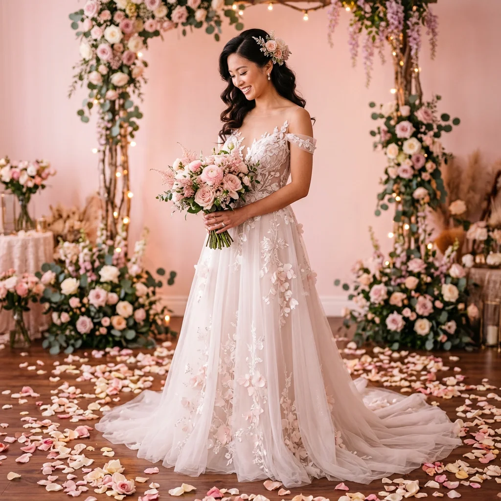 Off Shoulder 3D Floral Lace A Line Wedding Dress Soft Blush Tulle Bridal Gown with Train