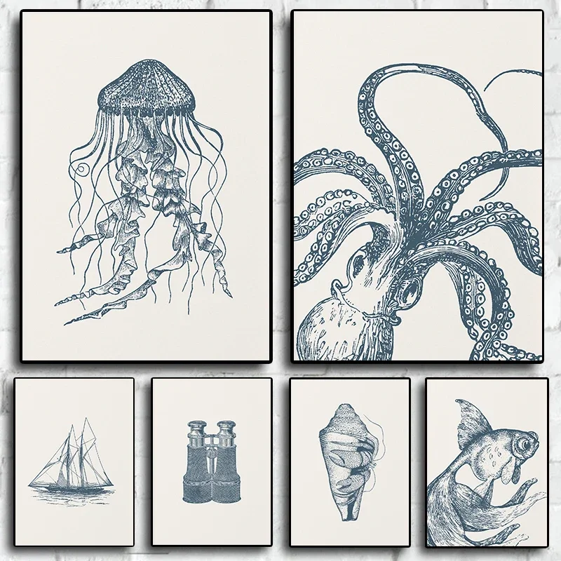 (No frame)Blue Ocean Sealife Octopus Jellyfish Hermit Crab Nautical Coastal Poster Canvas Painting Wall Art Pictures Home Int