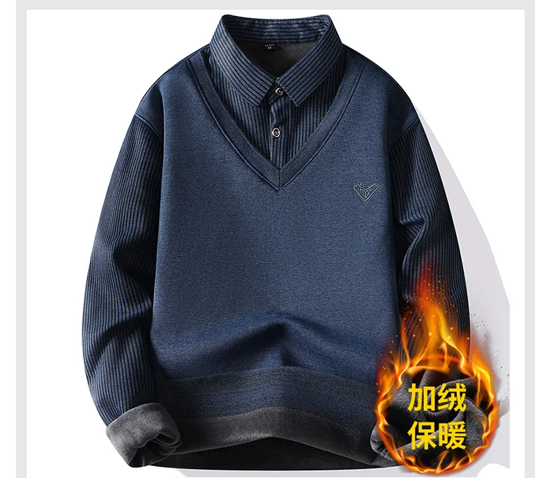 Herren-Langarmshirts mit Fleecefutter, Fake-Two-in-One-Strickhemden, kleine Stickerei, entspannte Passform, warme Oberteile für den Winter. – Detail 10