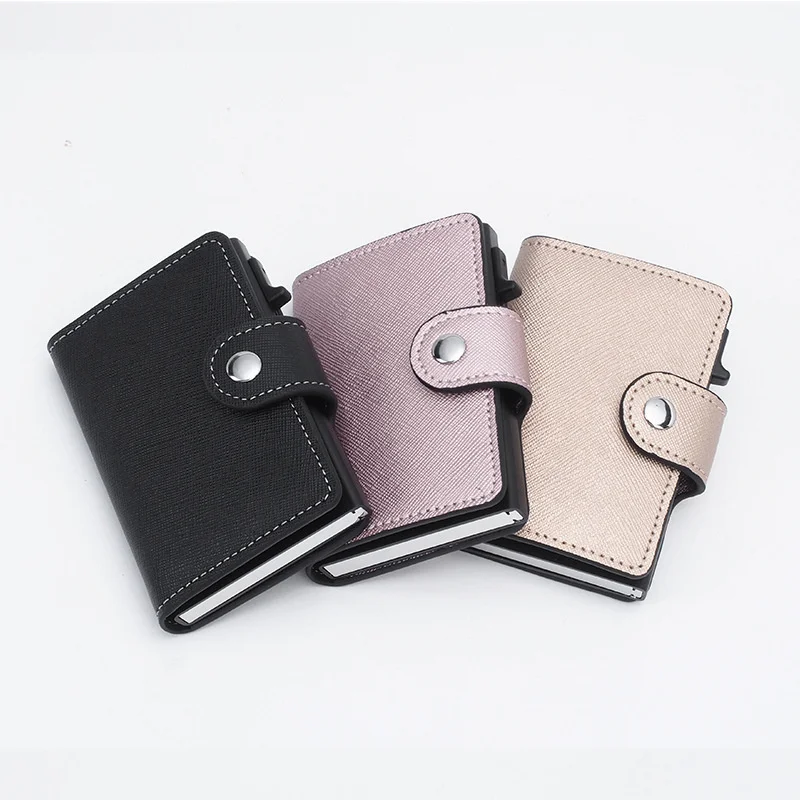 New Leather Aluminum Alloy Card Box Anti-magnetic Automatic Card Bounce Card Holder Multifunctional Multi-card Slot Men's Wallet