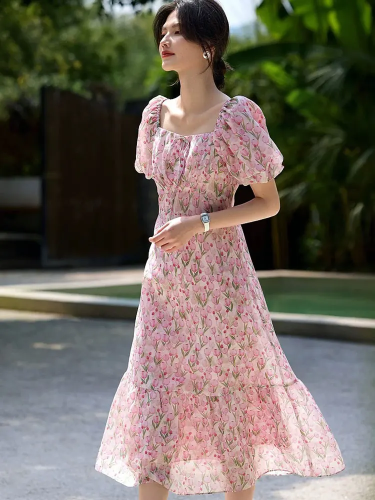 

Повседневное женское летнее платье с цветочным принтом, коротким рукавом, А-силуэта, корейский стиль, для офиса и повседневной носки
