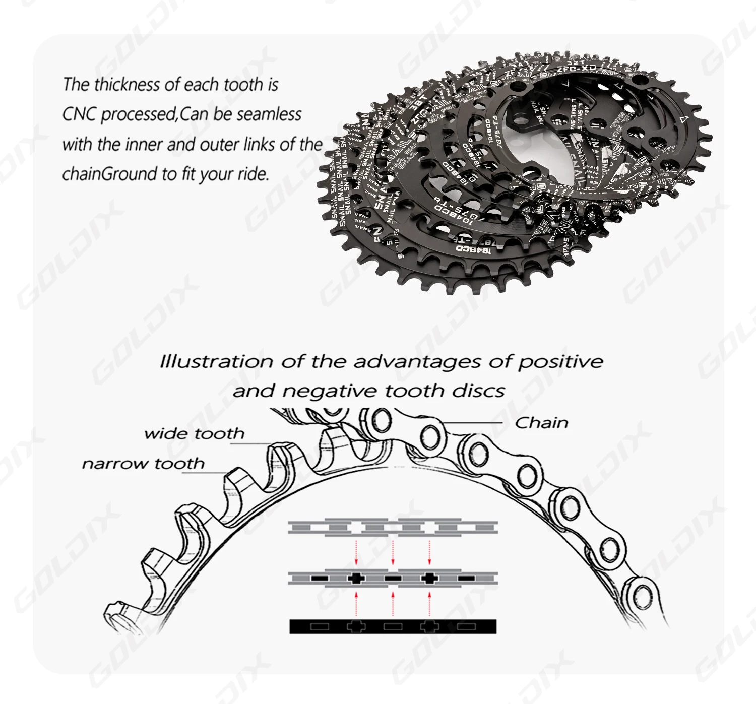 GOLDIX Fahrradkurbelgarnitur mit Vierkantloch, Aluminiumlegierung, MTB-Kurbel, 165/170/175 mm Länge, schmale breite Zähne, 104BCD, 32/34/36/38/40/42T – Detail 6