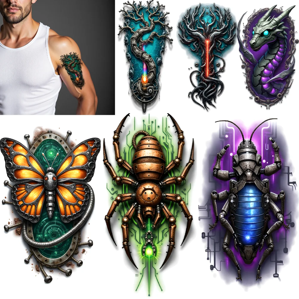 3pcs Temporary Tattoo Dragon Waterproof Long-lasting Body Stickers Robotic Beetle Enchanted Tree Colorful Realism Phoenix For
