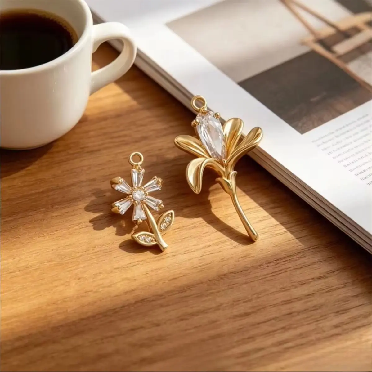 Mini Shiny CZ Flower Pendants 14K Gold Plated Brass For DIY Earring Necklace Bracelet Jewelry Making