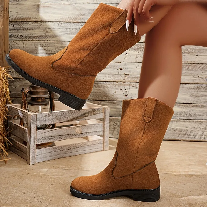 

Зимние хлопковые ботинки, модные нескользящие износостойкие ботинки средней косточки на платформе с круглым носком и замшевыми рукавами на блочном каблуке