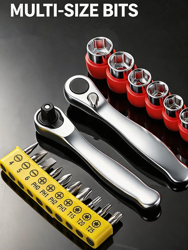 Mini Ratchet Wrench 1/4 Drive 72 Teeth Alloy Steel Socket Bit Holder for DIY Home Auto Motorcycle Bicycle Repair Hand Tools