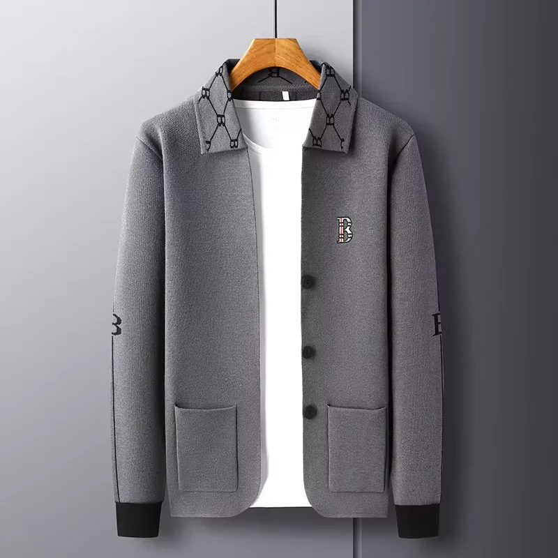 High end brand long sleeved men\'s lapel knitted cardigan autumn winter fashion B letter embroidery design casual  sweater  coat