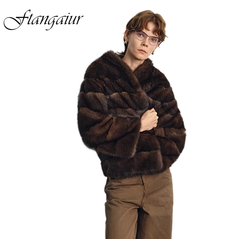 Ftangaiur Winter Women Russian Sable Gypsophila Mink Coat Custom-Made Women's luxury Short V-Neck Real Mink Fur Coats