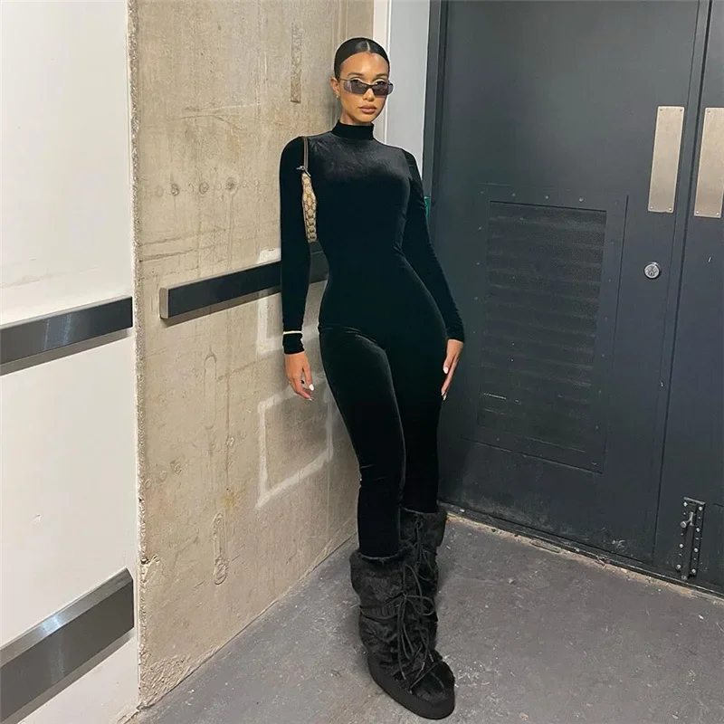 

Black Turtleneck Bodycon Jumpsuit Evening Party Club Outfits For Women 2023 Fall Long Sleeve Velvet High Waist Jumpsuits