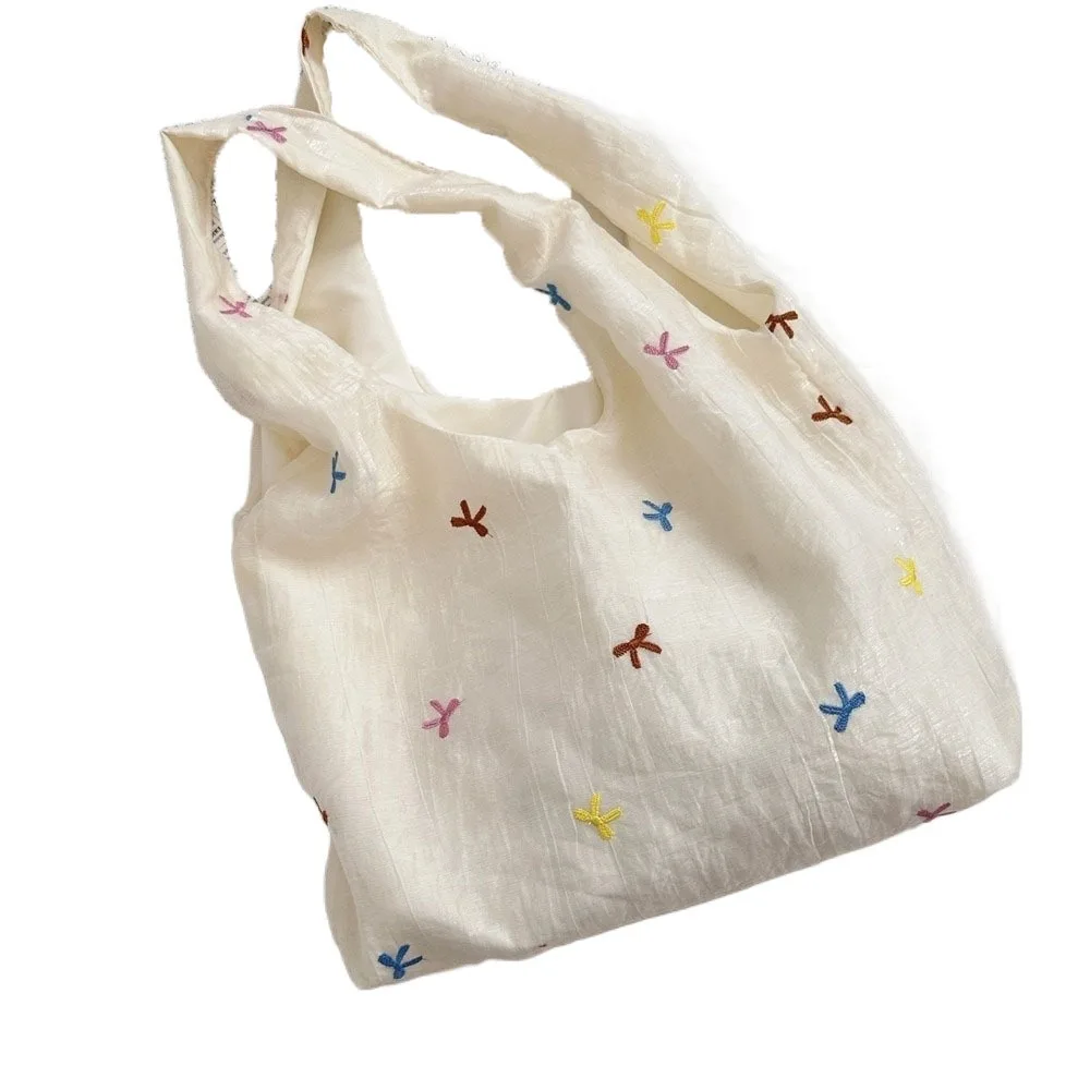 

Simple Embroidered Bow Tote Bag Solid Color Korean Style Cherry Shoulder Bag Chiffon Large Capacity Canvas Underarm Bag Girl