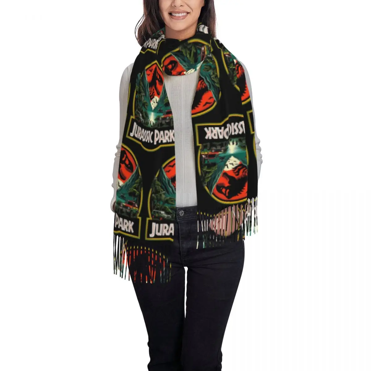 Jurassic World Logo Dinosaur Movie Scarf Tassel Scarves Women Soft Warm Shawls and Wraps Long Fall Winter Shawl Wrap