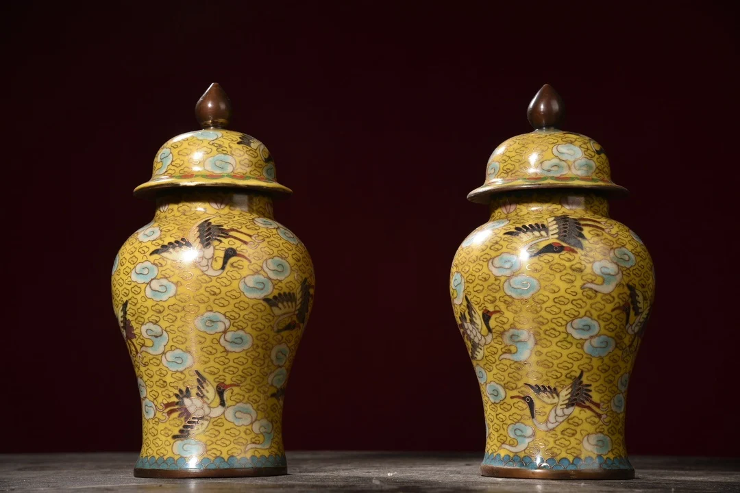 

10"Tibetan Temple Collection Old Bronze Cloisonne Enamel Cloud Crane Texture jar Longevity pot General tank A pair Ornaments