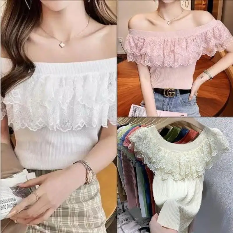 

Lace Patchwork Ice Silk Knitted T-shirt Women Sleeveless Off Shoulder Tank Top Y2k Tops