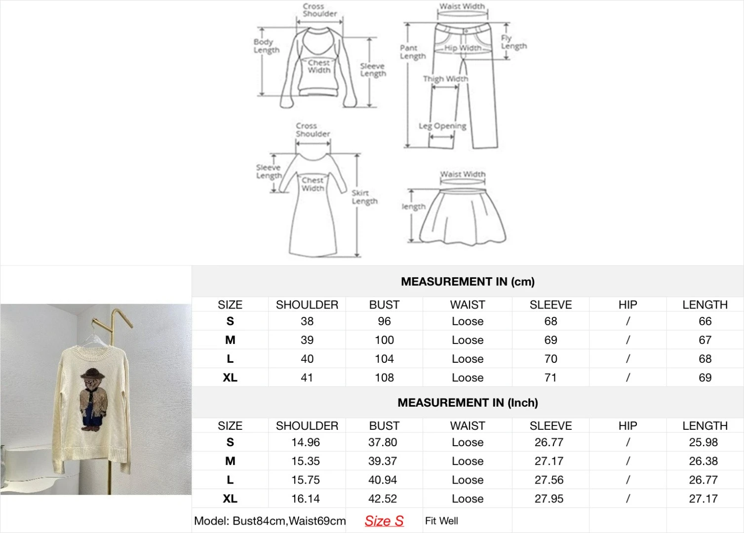 เสื้อสเวตเตอร์ถักแขนยาวปักลายหมีขาวแคชเมียร์คุณภาพสูง