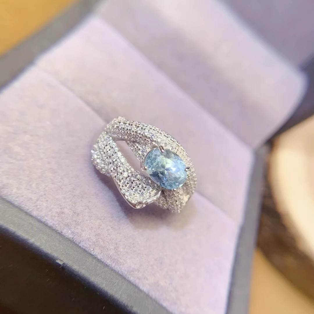 KJJEAXCMY Natural Aquamarine Ring S925 silver , electroplated locking color process, high clarity Full of luster Support testing
