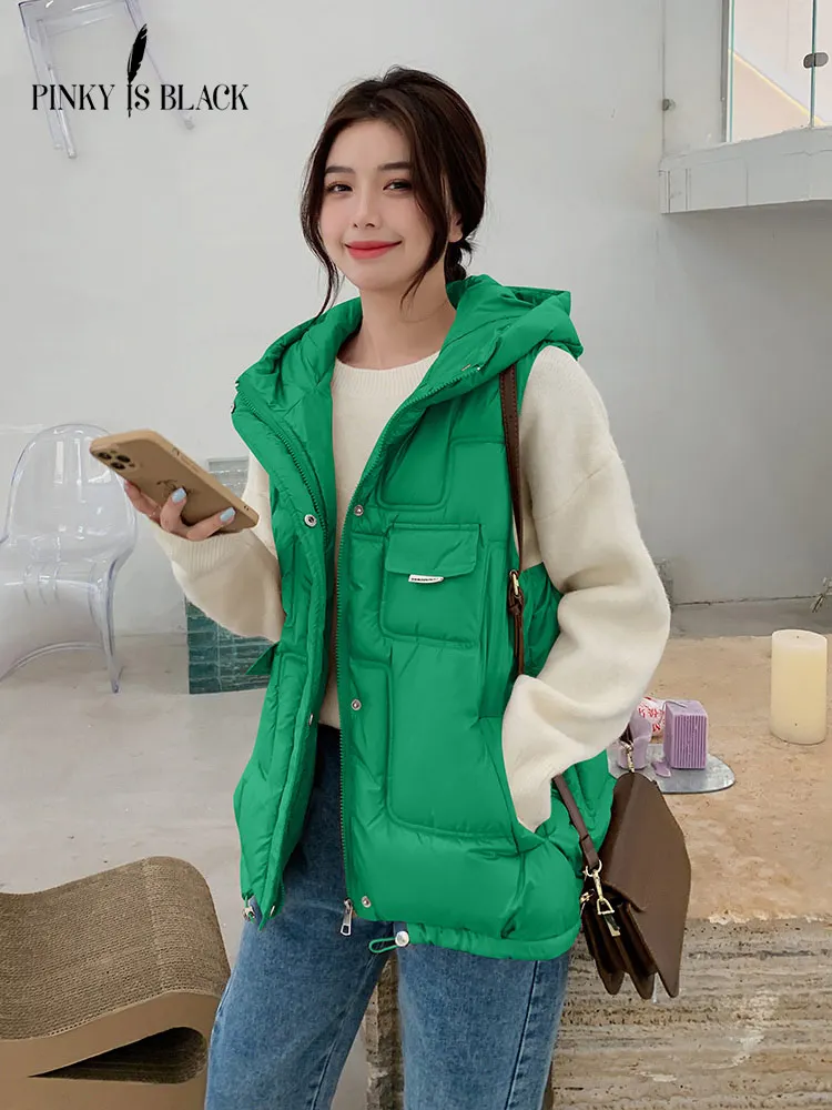 PinkyIsBlack – gilet à capuche rembourré pour femme, veste courte, poches, vêtements d\'extérieur, à la mode, mat, brillant, hiver
