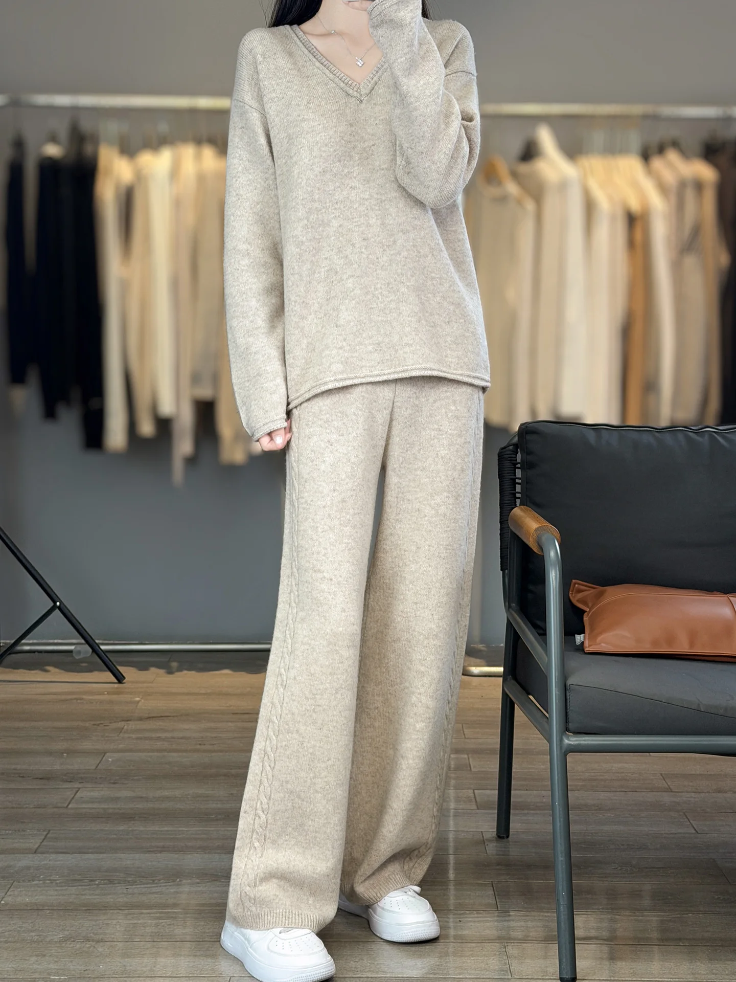 Autumn Winter Fashion 100% Pure Wool Suits Women's V-neck Rolled Soild Loose Knit Sweater Two-piece Set Wide-leg Side Cable Pant