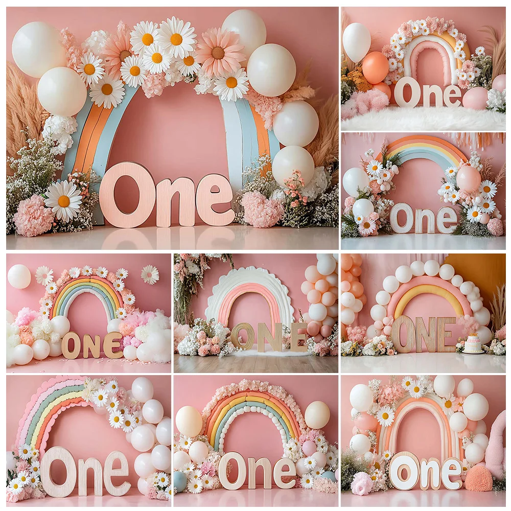 LS Rainbow Balloon Daisy Background Photography Pink Sweet Kids Cake Smash Photo Backdrop Bohemia Baby One Birthday Decorations