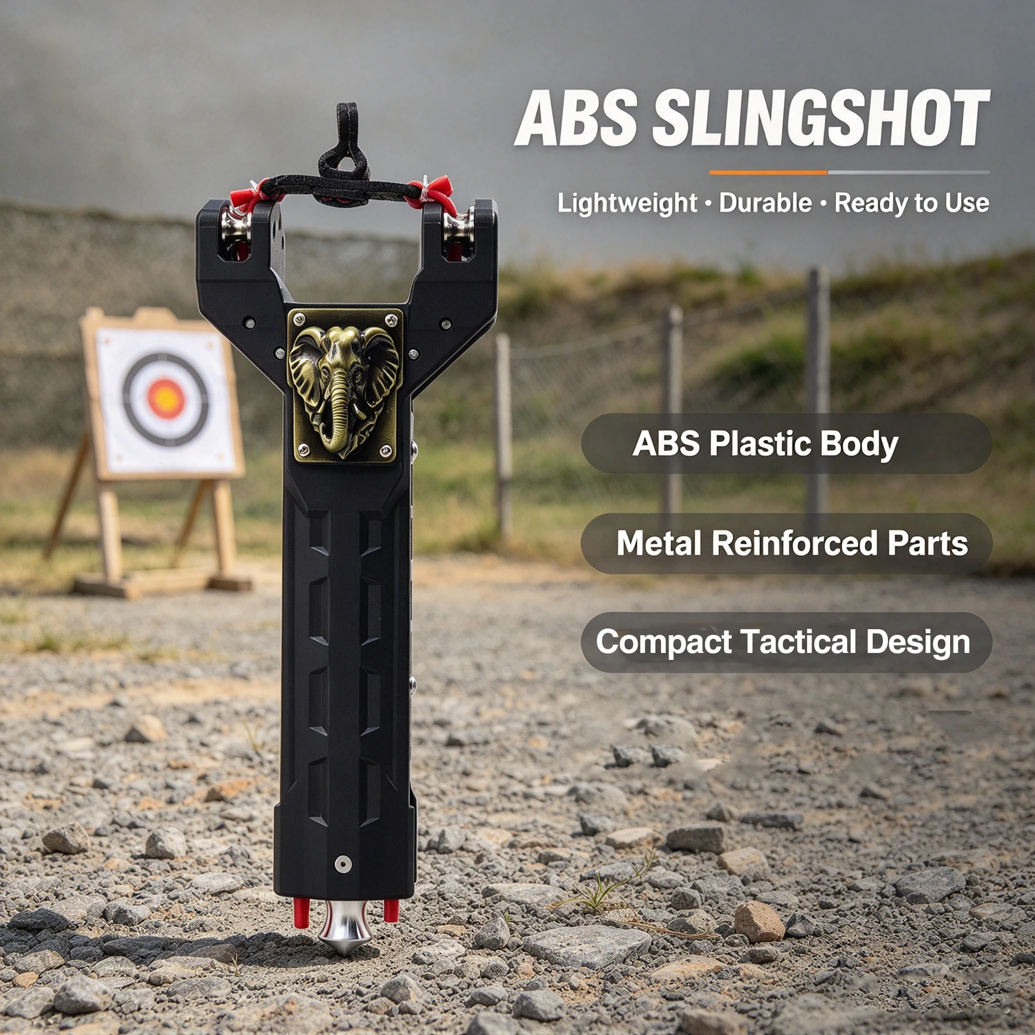 Black Soft-Touch ABS Premium Fast Auto-Loading Slingshot with Elephant Head Graphic & Magazine Tube for Outdoor Practice