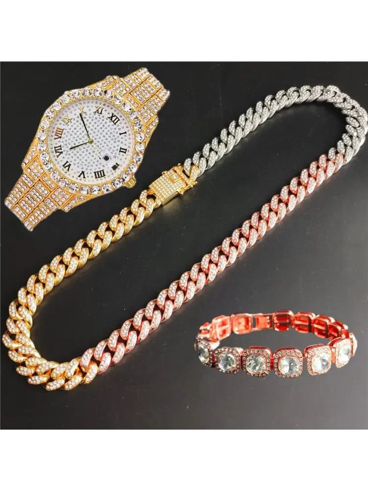 

12mm Tennis Necklace +baguette Watch+bracelet Combo Sets Hip Hop Chain Iced Out Bling Paved Rhinestones Cz Bling For Men Jewelry