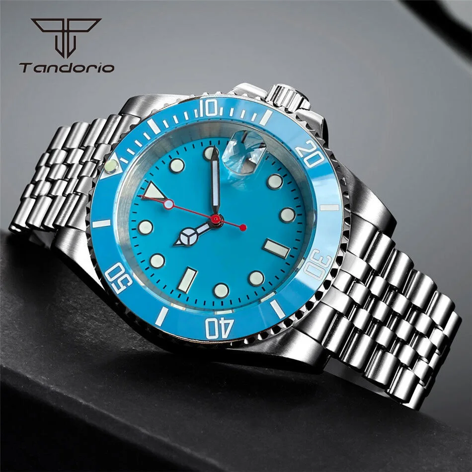 Tandorio NH35 Sky Blue Dial Sapphire Stainless Steel 40mm Mechanical Automatic Watch Date 120 Clicks Bezel Men\'s Wristwatch Lume